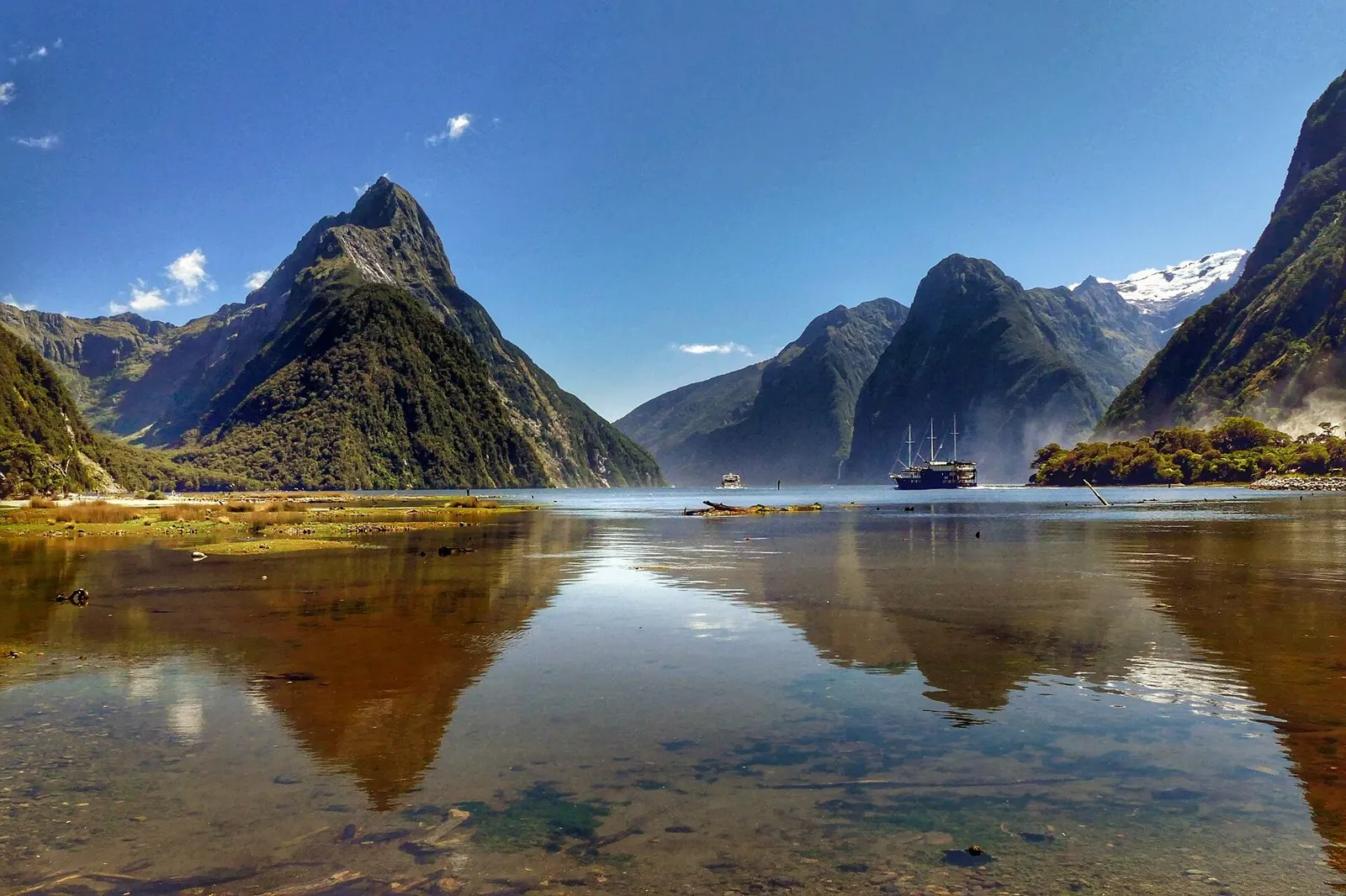 Milford Sound, New Zealand, framed by dramatic mountains