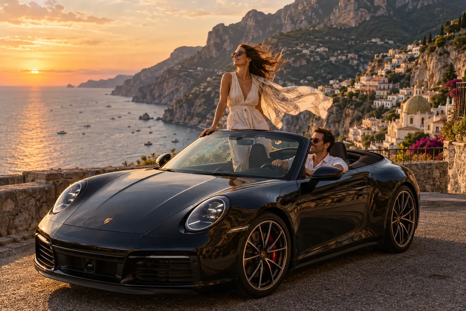 A couple enjoying an open-top Porsche at a scenic Amalfi Coast overlook