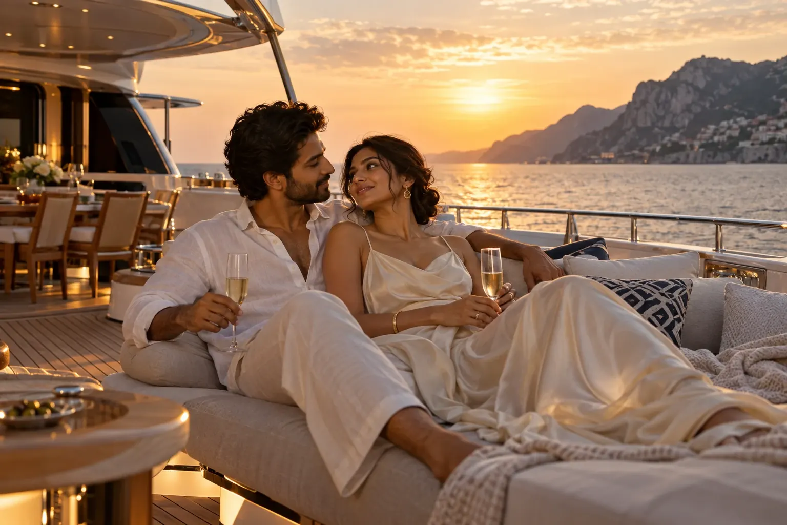 A couple enjoying champagne aboard a private yacht at sunset